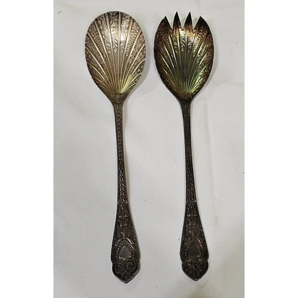 Vtg WA‎ Sheffield England EPNS Shell Salad Servers Spoon Fork Set Silver Plate